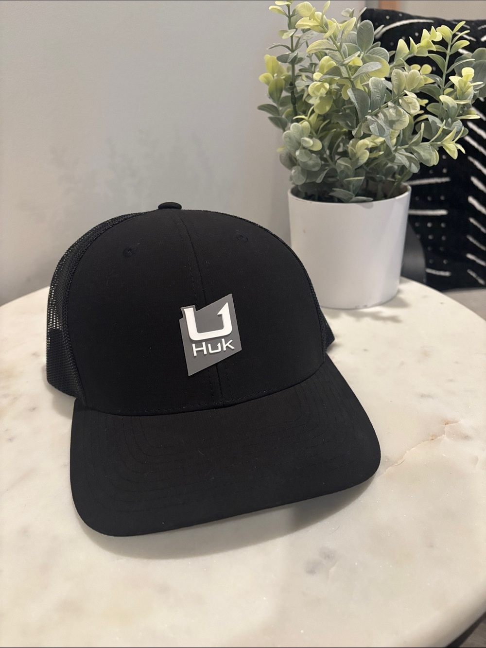Huk Black Logo Trucker Cap with Gray Patch